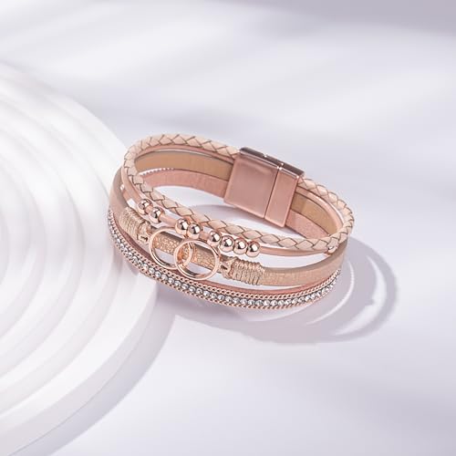 FANCY SHINY Boho Leather Wrap Bracelet Stackable Infinity Chunky Cuff Bracelets Western Hippie Outfits Jewelry Valentine Gifts for Women - color: Rose Gold