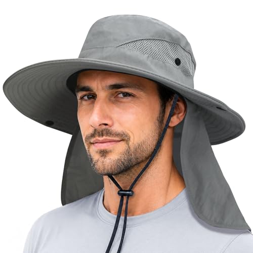 PFFY Sun Bucket Hats for Men Women Fishing Hat UV Protection Wide Brim Beach Safari Hat with Neck Flap - color: Grey (With Neck Flap)
