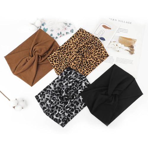 AQOKKA Extra Wide Headbands for Women Large Turban Headband Non Slip Boho Elastic Hairband Hair Twisted Knot Head Bands Accessories - color: 4 Pcs: Leopard Print + Solid Color
