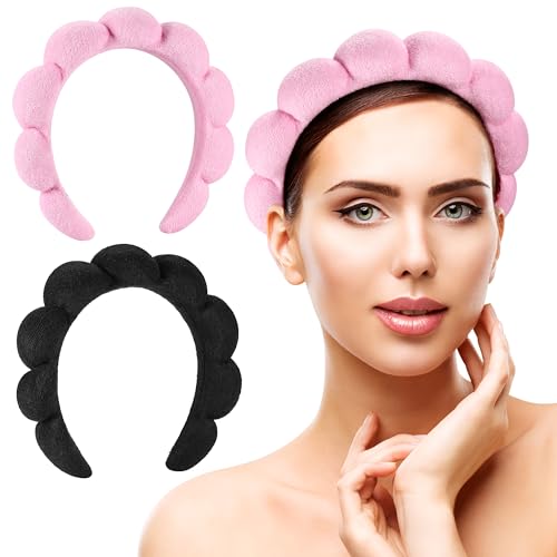 Ztomine Spa Headbands for Washing Face or Facial, Set of 2 Skincare Headbands, Terry Cloth Headband Wash Combo Pack - Puffy Makeup Washing, Mask, Skin Treatment (Black & Pink) - color: Black+Pink