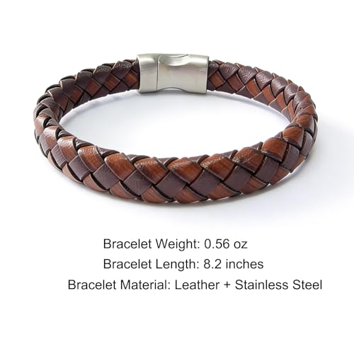 Men's Leather Bracelet, Stackable Stainless Steel Clasp Bracelets for Men Stylish Birthday, Thanksgiving, Valentine's Day Gift for My Man - style: 8.2" Long 10MM Wide Brown Woven