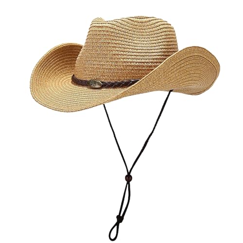 Straw Cowboy Hats Western Cowgirl Hat for Holiday Woven Beach Sun Hat with Shapeable Wide Brim Cowboy Hat for Women/Men - color: Khaki