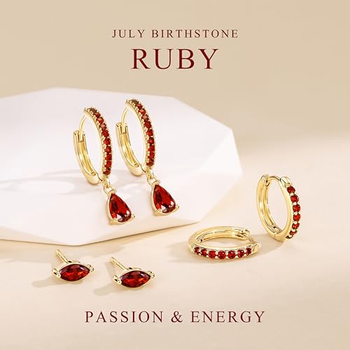 14K Gold Plated Small Huggie Hoop Earrings Set for Women, Hypoallergenic Dainty Sterling Silver Dangle Studs for Cartilage Helix, Lightweight Trendy Cute Stack Birthstone Jewelry Gift - color: 07_Ruby_Jul_Gold