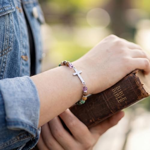 Kingdder 12 Set Christian Cross Bracelets for Women Bulk Adjustable Natural Stone Cross Beads Faith Bracelet Gifts for First Communion Confirmation Birthday Church Groups Gifts - style: Chain