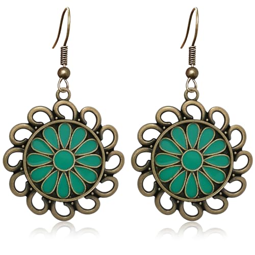 Bohemian Lightweight Vintage Copper Enamel Flower Hollow Dangle Drop Earrings Handmade Retro Circle Floral Hook Earrings For WomenJewelry Gifts - color: Green