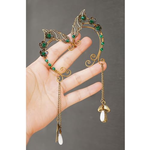 Elf Ear Cuffs, OwMell Handcraft Silver Pointed Fairy Elven Cosplay Fantasy Costume Bridal Wedding Earrings for Non Pierced Ears - style: Forest Mushroom