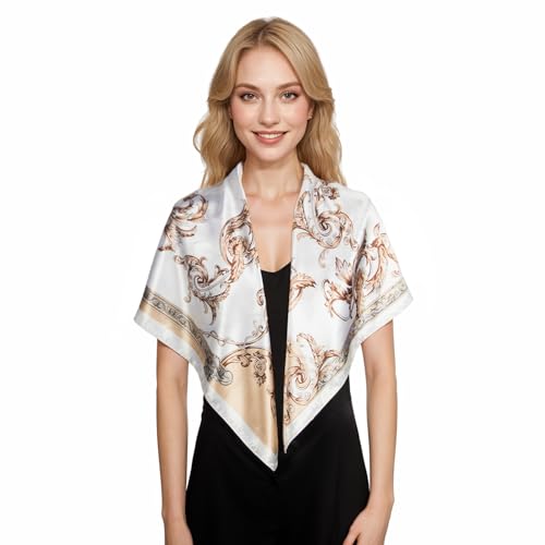 RIIQIICHY Head Scarf for Women Like Silk Scarf Hair Scarf Printed Square Scarf Bandanas for Women 35 Inches - color: Ivory/Beige/Brown