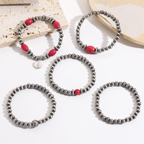 Coiris 5 Pcs Navajo Pearls Bracelet for Women Turquoise Boho Vintage Montana Western Bracelets Native American Jewelry - style: Red