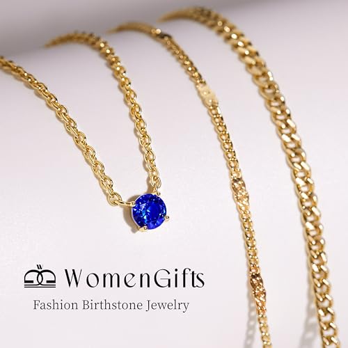 WomenGifts Layered Gold Necklaces for Women, 14K Gold Sterling Silver Plated Dainty Pendant Necklace Set Non Tarnish, Chunky Stackable Cuban Chain Choker, Trendy Birthstone Vacation Jewelry Gift - color: Gold, style: Cubic Zirconia-Created Sapphire-Sept
