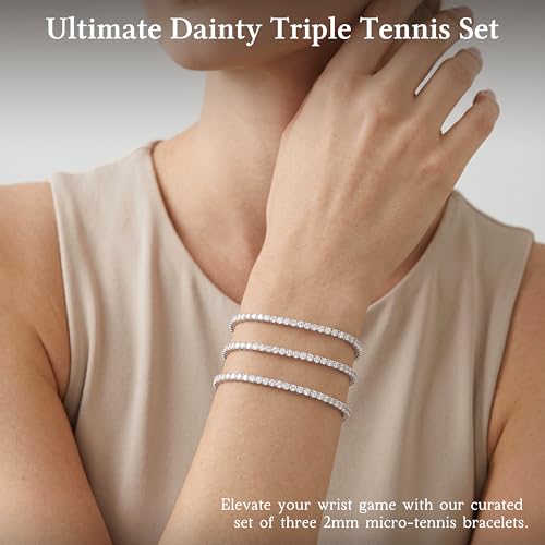 925 Sterling Silver Bracelets for Women Stack, Trendy Tennis Bangle Cuff Jewelry Set 14K Gold Plated, Adjustable Bracelet Set for Wrist Essentials, Women Fashion Watch Band Acecessories - style: Bracelet_3pcs(Silver Tennis Set 2mm)