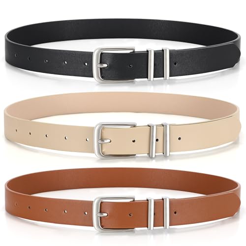 3 Pack Women's Belts for Jeans Pants Dresses Fashion Ladies Leather Waist Belt with Buckle Leather Belts - color: Black+beige+brown(silver), size: Fit Waist Size 42-46in