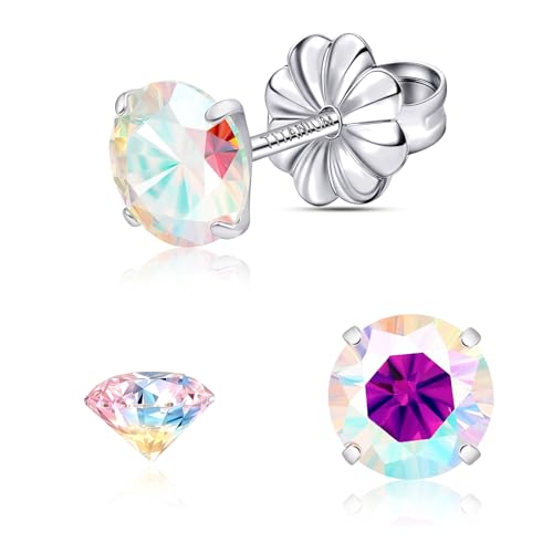 Moissanite Stud Earrings, G23 Hypoallergenic Titanium Stud Earrings for Women Men, Round Cut D Color VVS1 Clarity 18K White Gold Palted Multicolor Moissanite Jewelry, 0.6CT-3.0CT - color: Aurora Borealis, size: (0.5ct*2)-5mm-1.0 Carat