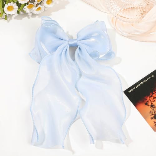 Large Hair Bow Clips for Women, Blue Bow Hair Barrettes with Long Tail French Hair Ribbon Clips Hair Accessories for Girls (Light Blue) - color: Light Blue