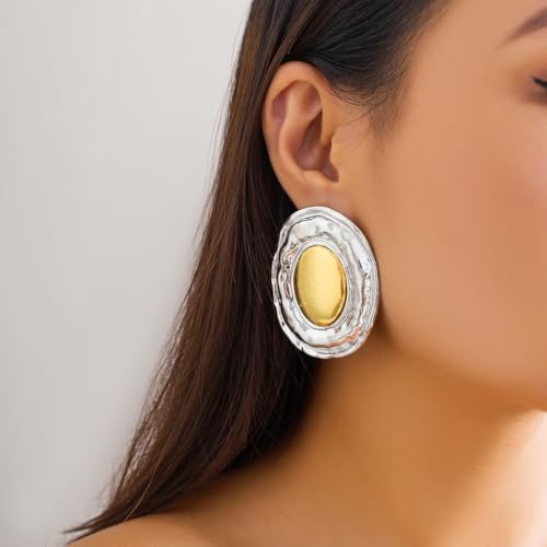 Mixed Metal Statement Earrings for Women Chunky Earrings Big Statement Large Oval Round Pebble Shape Earring Irregular Geometric Drop Dangle Earring Chunky Jewelry - style: 1 - S