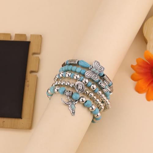 Western Outfit for Women Bohemian Vintage Stackable Turquoise Bracelet Rustic Beaded Cow Head Charm Stretch Bracelet Western Jewelry Country Concert Outfits for Women - style: Style3