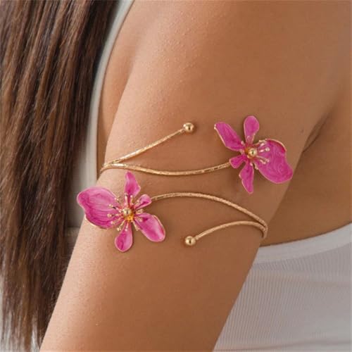 Flower Arm Cuff Bracelets for Women Adjustable Gold Upper ArmBand Jewelry Boho Floral Open Wrap Statement Bangle Bracelet Arm Cuff Jewelry Gifts for Women - color: Pink