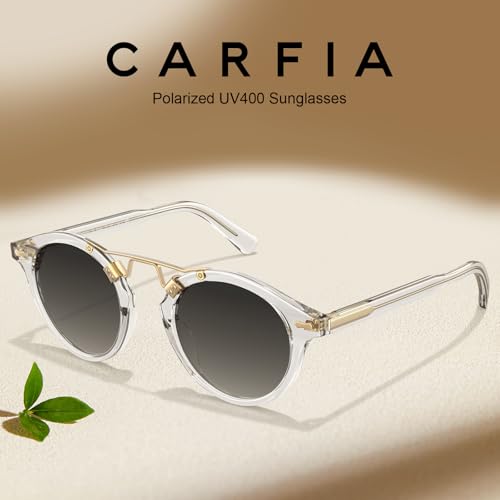 CARFIA Double Bridge Small Acetate Sunglasses for Women Polarized, Retro Metal Brow Ladies Sunnies Fashion Round Eyewears - color: 4. Transparent Frame Gradient Grey Lens