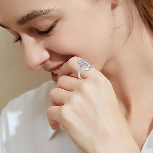 Witches Knot Ring 925 Sterling Silver Adjustable Black Onyx/Turquoise Gravel/Moss Agate/Turquoise/Moonstone Witch Ring Celtic Knot Amulet Wiccan Pagan Protection Jewelry Gifts for Women - style: Moonstone