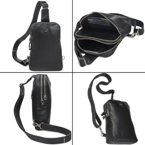 Leather Sling Bag for Women Genuine Crossbody Purse Small Trendy Cross Over Chest with Phone and Credit Card Slots (Black Nappa) - color: Black Nappa