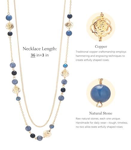 FULU AUTUMN Boho Gold Long Necklaces for Women Natural Stone Beaded Layered Long Necklace Mothers Day Gifts Dainty Flower Costume Jewelry for Women - color: Dark Blue