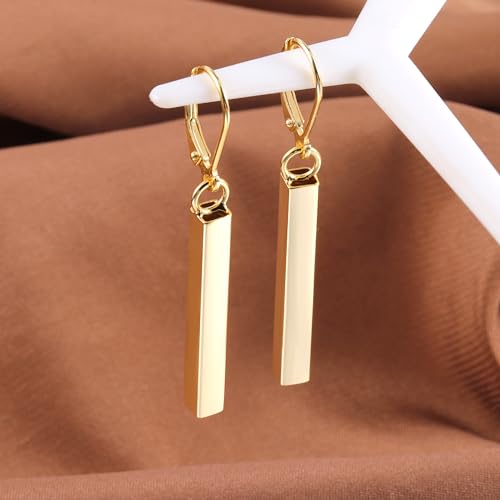 Silver Bar Dangle Drop Earrings for Women, 14K Gold French Style Leverback Dangle Drop Earrings, Hypoallergenic Jewelry - color: 14K Gold