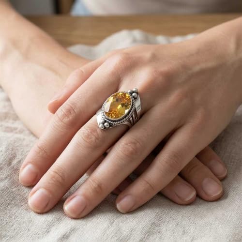 Handmade 925 Sterling Silver Plated Ring Natural Gemstone Carnelian, Rose Quartz, Tiger Eye, Crystal Oval Boho Jewelry For Women - color: Citrine Quartz