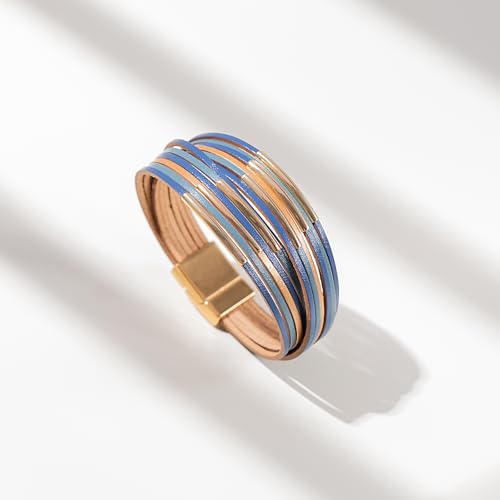 FANCY SHINY Boho Leather Bangle Bracelets Stackable Noodle Tube Bracelets Layered Wrap Cuff Bracelets with Magnetic Clasp - color: Blue