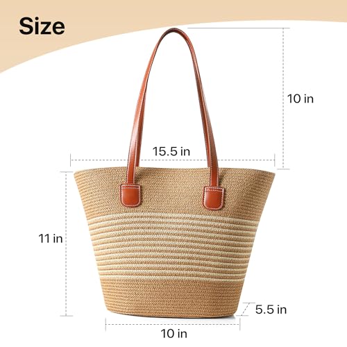 Straw Bags For Women | Travel Straw Totes Bag, Summer Woven Shoulder Bag Handbag - color: Straw/White