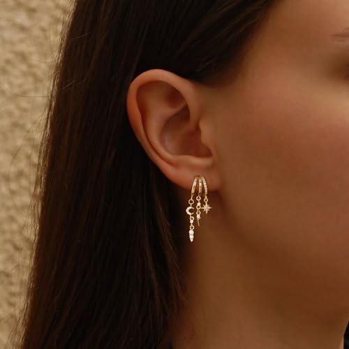 Dangle Earrings For Women, Dainty Gold Drop Statement Earrings 14K Gold Plated Long Huggie Earrings for Women Trendy Hypoallergenic Dangly Earrings Small Triple Hoops Earrings Fashion Jewelry - color: gold-star