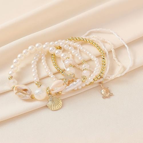 Beach Bracelets for Women Bohemian Stackable Heishi Surfer Bracelet Set Elastic Seashell Starfish Boho Friendship Bracelets for Summer Beach Party Holiday Vacation Jewelry - color: 7PCS-Gold Starfish/Turtle/Seashell