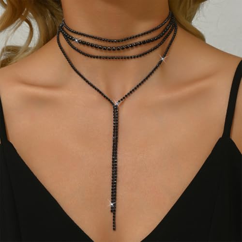 Statement Layered Sparkly Crystal Choker Black Long Tassel Y Necklace for Women, Dainty Multilayer Silver Bling Rhinestone Necklaces Prom Jewelry Gift - color: Black
