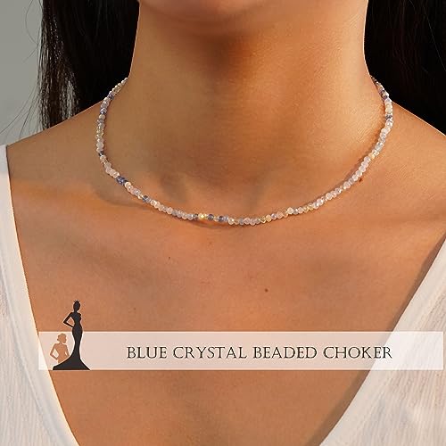 JSJOY Tiny Crystal Beaded Choker Necklaces for Women Colorful Beaded Necklace Dainty Choker Necklaces Simple Boho Jewelry Gifts for Teens Handmade Shining Bead Necklaces Gifts - color: Blue