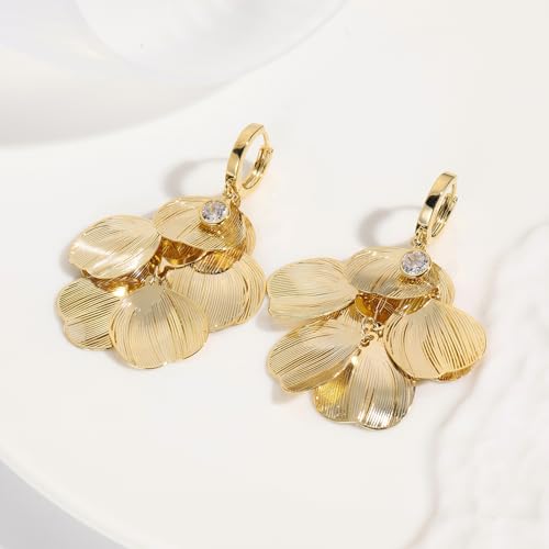 Boho Flower Layered Floral Leaf Drop Dangle Earring For Women,Metal CZ Gold Lightweight Flower Bohemian Gold Petal Exaggerated Jewelry Earrings For Women Brides Party Prom Wedding - color: Gold