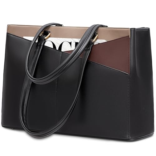 LOVEVOOK Laptop Bag for Women, 15.6 inch Laptop Tote Work Teacher Bags Cancas Computer Shoulder Bag,Black/Coffee/Light Brown - color: Black/Coffee/Light Brown 15.6 Inch, size: 15.6 inch