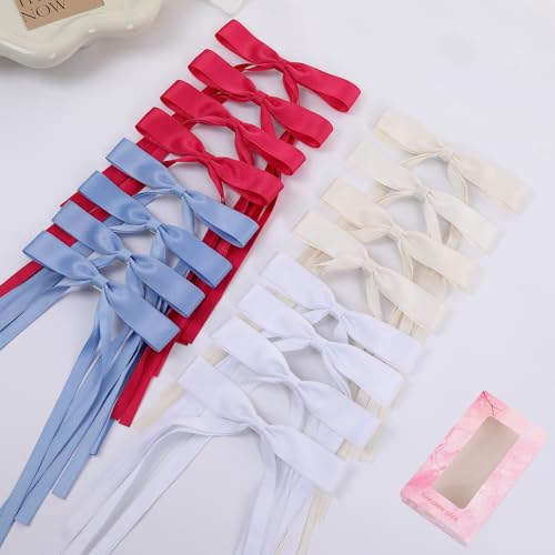 WORTL Hair Bows Clips Coquette Ribbon Bowknot with Long Tail Princess Hair Bows French Barrettes Hair Accessories for Women Girls 16PCS (Rose red, Cream,White, Blue) - color: Rose red,white， Cream, Blue