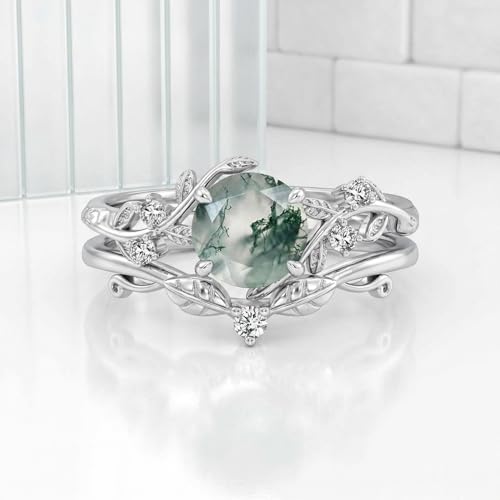 Natural Moss Agate Ring for Women 925 Sterling Silver Pear/Oval/Kite/Heart/Hexagon/Emerald/Coffin Cut Green Leaf Moss Agate Engagement Ring Promise Bridal Set Anniversary Birthday Jewelry Gifts - color: Round Cut Moss Agate