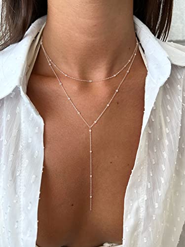 Foxgirl Lariat Gold Necklace for Women, Dainty Long Necklace 14k Gold Plated/Silver Y-Shaped Pendant Necklace Trendy Layered Cz Beaded Chain Drop Necklaces Simple Gold Jewelry For Women Gift - color: Y Layered Bead Necklace-SL