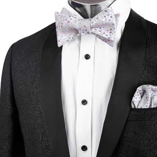Alizeal Mens 2pcs Classic Floral Pattern Self-tied Bow Tie and Handkerchief Set - color: 045-gray+lavender