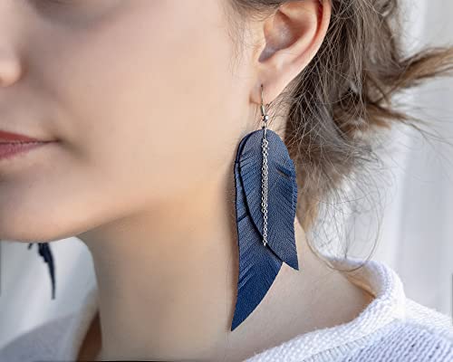 Black shiny Leather Feather Earrings for Women, Lightweight Minimal Boho Dangle Earrings, Small Simple Everyday Jewelry - color: Dark blue
