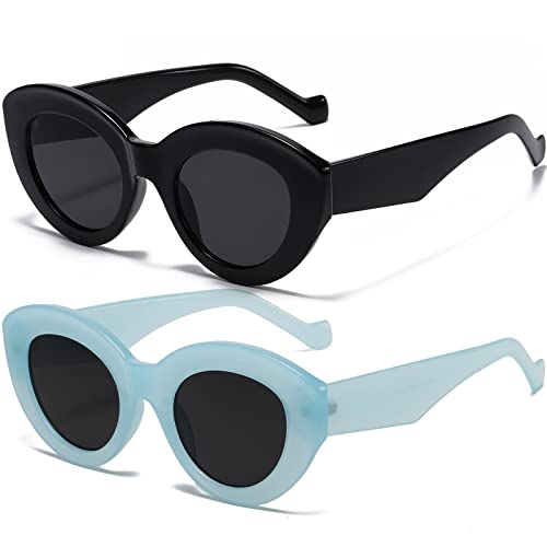 AIEYEZO Oversized Cat Eye Sunglasses for Women Cute Oval Thick Frame Cateye Sun Glasses Chic Retro Style Shades - color: 2 Set (Black + Blue)