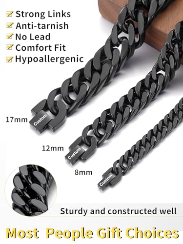 ChainsHouse Stainless Steel Cuban Link Bracelet, 8mm/12mm/17mm Width, 7.5"/8.3"/9", 18K Gold Plated Chain Wrist Bracelets for Men Women, Send Gift Box - color: T: Black-12mm width-custom