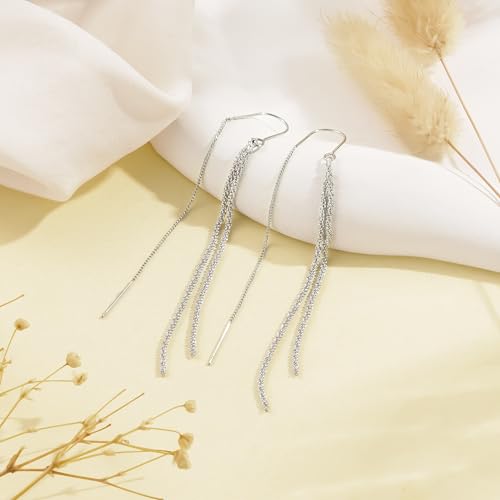 NECOCY Gold Dangle Earrings for Women Non Tarnish 14K Gold Plated Drop Wedding Hypallergenic Earring Dainty Long Hanging Chain CZ Pearl Threader Earrings Trendy Silver Plated Jewelry for Women - style: Silver&Style4