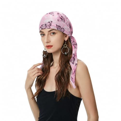 ZLYC Chemo Headwear Pre Tied Head Scarf Headwraps Lightweight Turban Beanie Cap for Women - color: Butterfly Pink