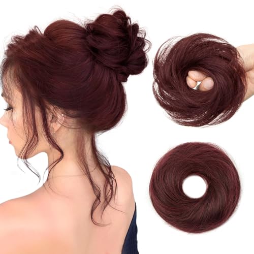 2PCS Burgundy Hair Bun, Messy Bun Hair Piece, Soft Fluffy Elastic Scrunchie, 30s Easy Updo for Women & Kids, Ideal for Daily Wear, Ballet, Dance & Office Use - color: Wine Red, size: 4 Inch