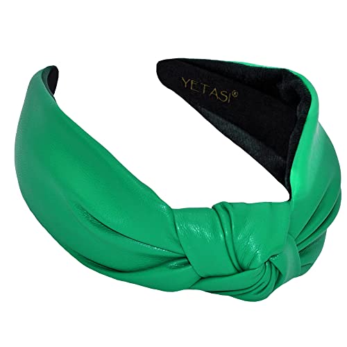 Green Leather Headbands for Women are Made of Comfy Non Slip Material. Trendy Year-round Wearable All Day Knotted Headband for Woman is a Top Knot Fashion Designer Girls Head band - color: Green