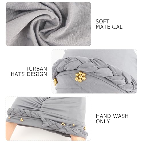 African Women Turban Caps Pre-Tied Twisted Turbans Head Scarf for Women Hair Wraps Cover Beanie Cancer Chemo Headwear - color: 1 Pack Twisted Braid: Gold Bead Light Grey