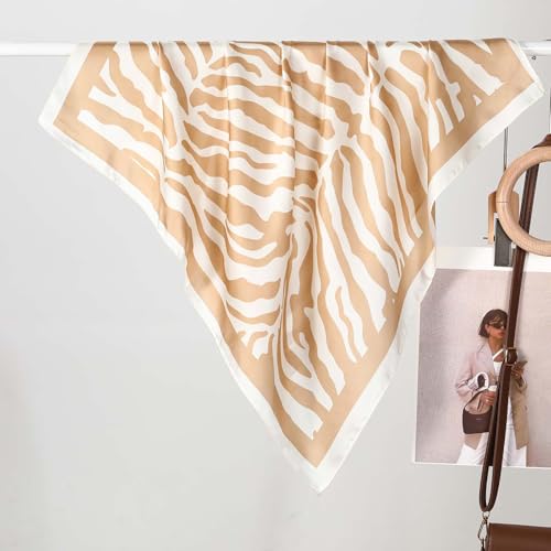 CHUNG Women's Scarf Hair Bandanas Square 27.5" Satin Wrap Fashion Pattern Scarves Emulation Silk Handbag Ribbons Necktie - color: Light Khaki Zebra
