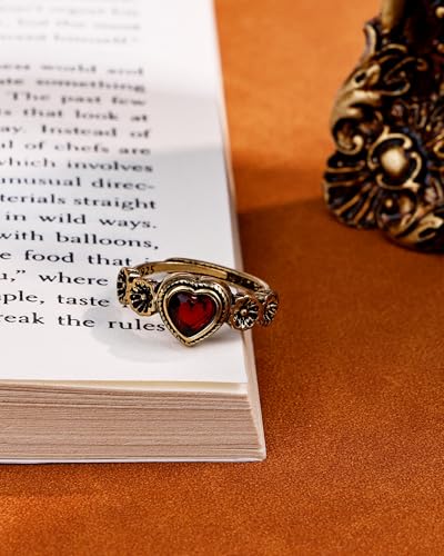 14K Gold Plated Heart Ring - Vintage Red Gemstone Ring for Women, Adjustable Garnet Birthstone Jewelry with Floral Detailing for Christmas and Valentine's Day Gifts