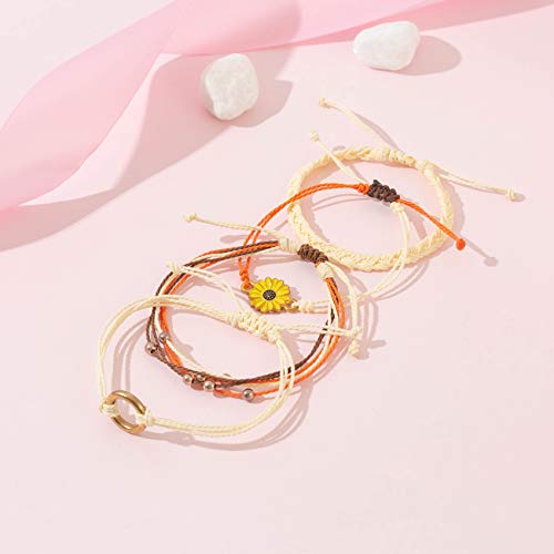 FANCY SHINY Easter Gifts Basket Stuffers Sunflower String Bracelet Boho Braided Rope Wrap Bracelets Cute Summer Beach Surfer Jewelry for Women - color: Beige