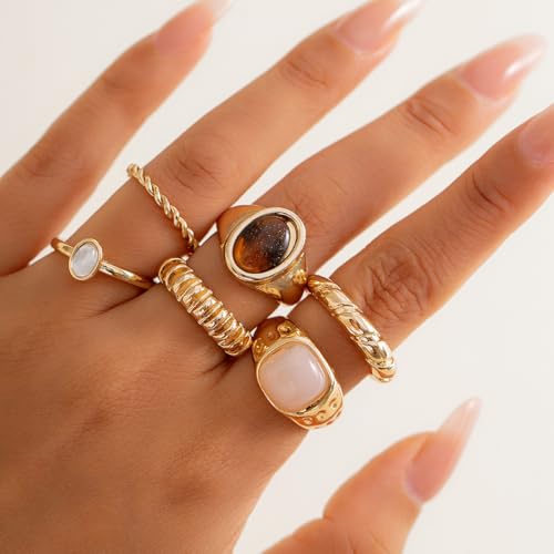 Chunky Gold Rings for Women Non Tarnish Boho Stackable Rings Set Adjustable Open Joint Finger Midi Knuckle Ring Packs - color: Gold Chunky Stackable Rings 6Pcs